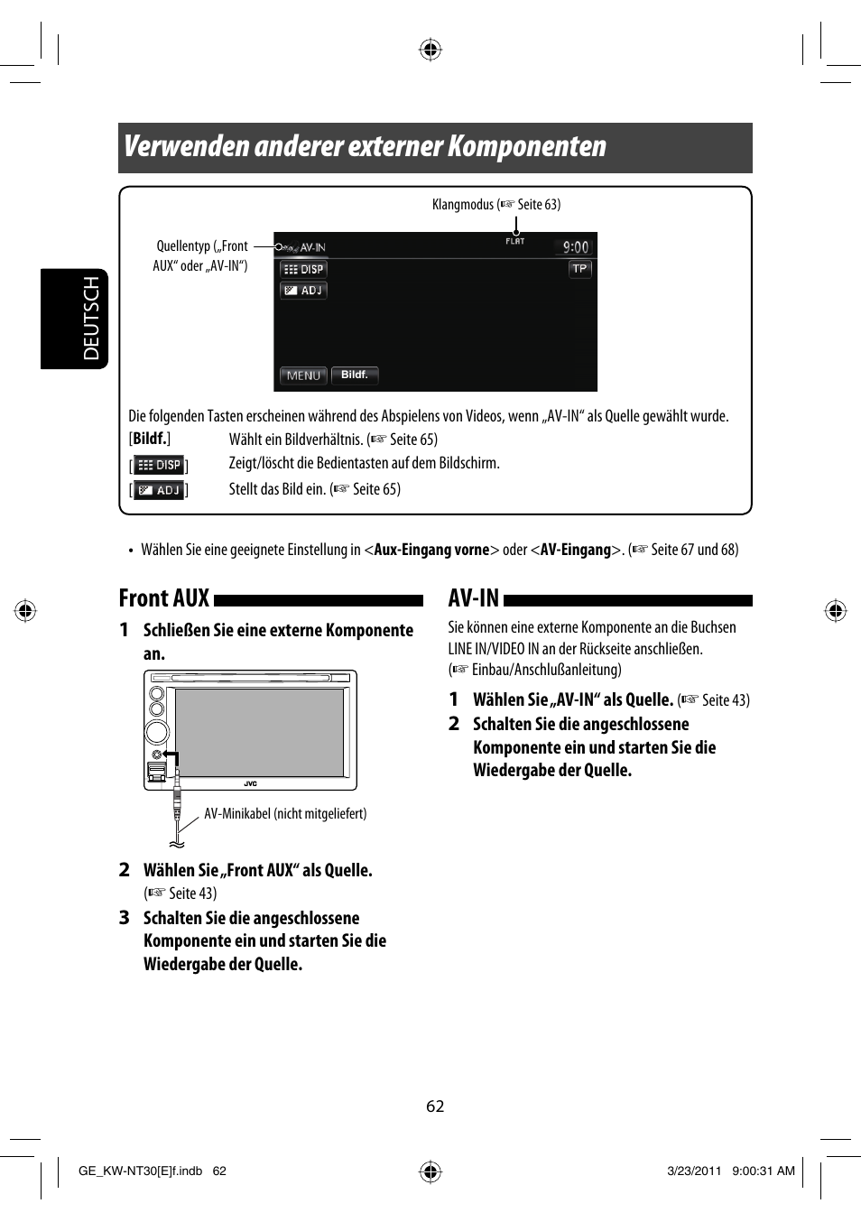 Verwenden anderer externer komponenten, Front aux, Av-in | JVC KW-NT30 User Manual | Page 152 / 274