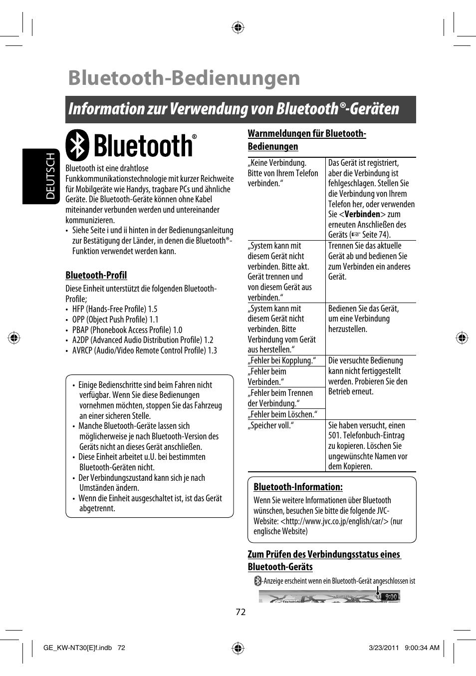 Bluetooth-bedienungen, Information zur verwendung von bluetooth®-geräten | JVC KW-NT30 User Manual | Page 162 / 274