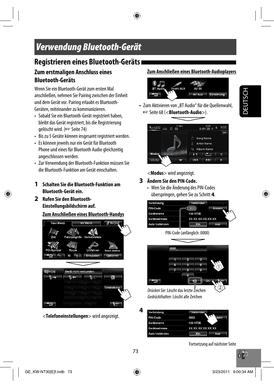 Verwendung bluetooth-gerät, Registrieren eines bluetooth-geräts, Deutsch | Zum erstmaligen anschluss eines bluetooth-geräts | JVC KW-NT30 User Manual | Page 163 / 274