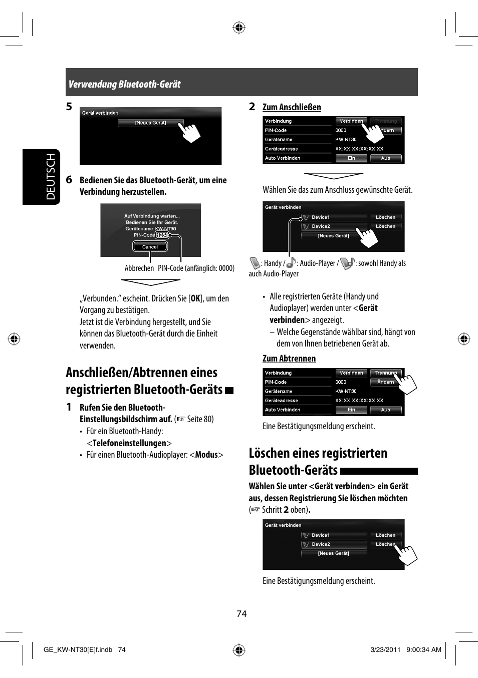 Löschen eines registrierten bluetooth-geräts, Deutsch, Verwendung bluetooth-gerät | JVC KW-NT30 User Manual | Page 164 / 274