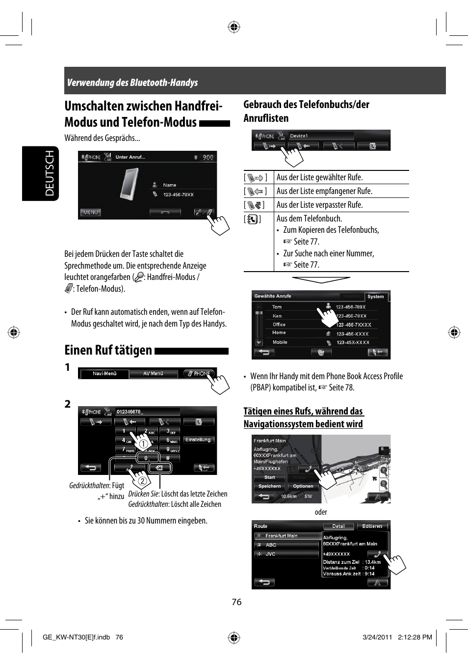 Einen ruf tätigen, Deutsch, Gebrauch des telefonbuchs/der anruflisten | JVC KW-NT30 User Manual | Page 166 / 274