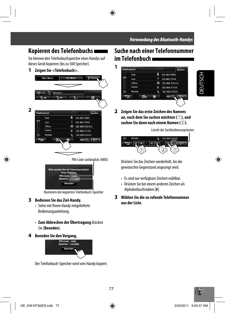 Kopieren des telefonbuchs, Suche nach einer telefonnummer im telefonbuch, Deutsch | Verwendung des bluetooth-handys | JVC KW-NT30 User Manual | Page 167 / 274