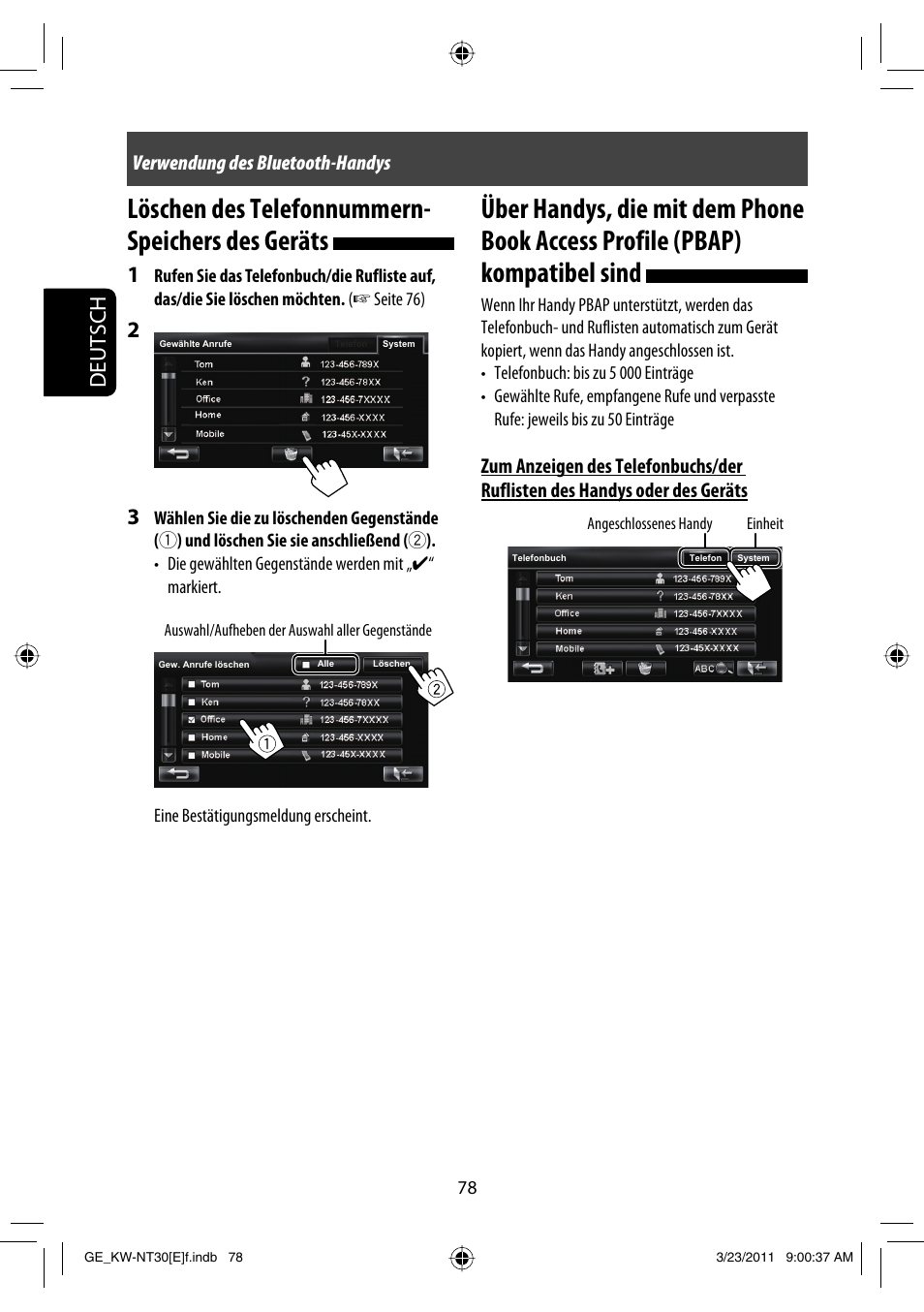 Löschen des telefonnummern- speichers des geräts, Deutsch, Verwendung des bluetooth-handys | JVC KW-NT30 User Manual | Page 168 / 274