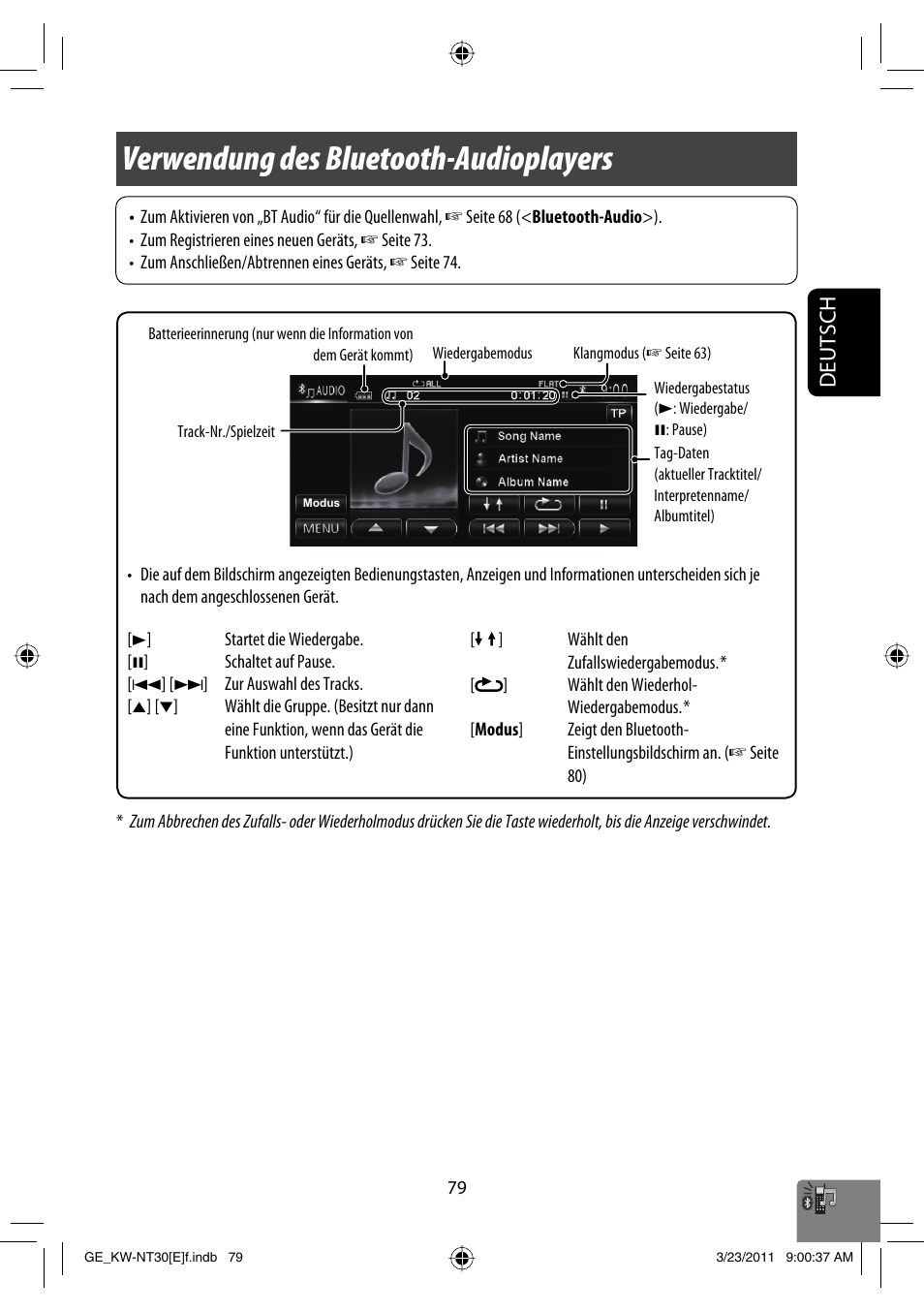 Verwendung des bluetooth-audioplayers, Deutsch | JVC KW-NT30 User Manual | Page 169 / 274