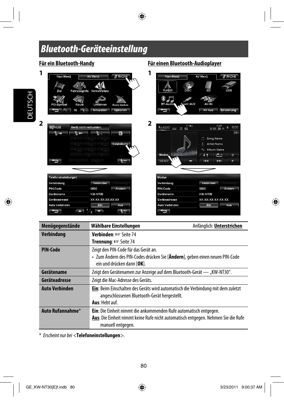 Bluetooth-geräteeinstellung, Deutsch | JVC KW-NT30 User Manual | Page 170 / 274