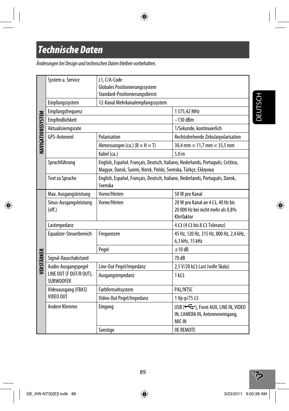 Technische daten, Deutsch | JVC KW-NT30 User Manual | Page 179 / 274