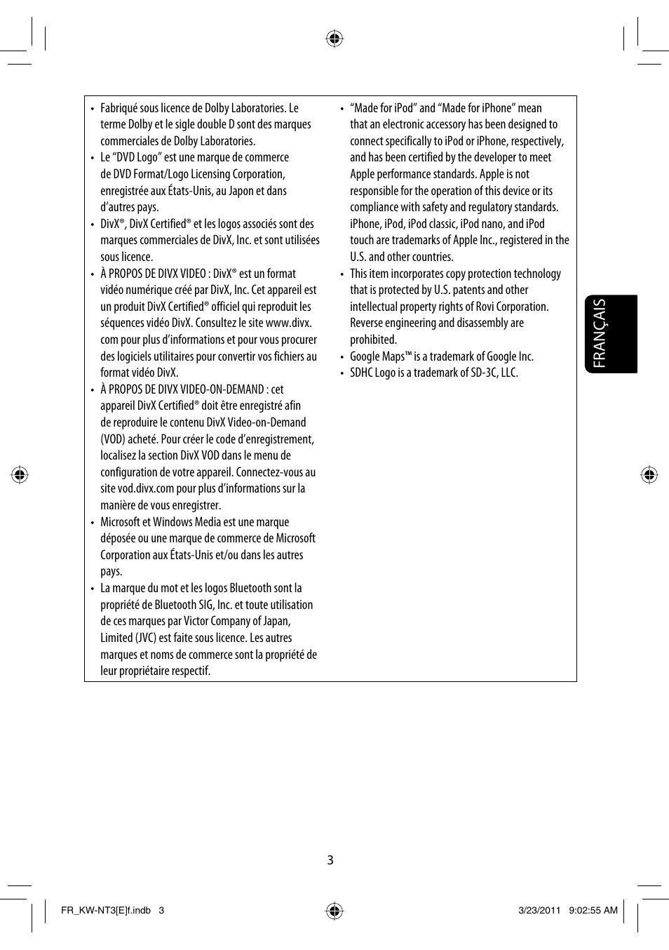 Français | JVC KW-NT30 User Manual | Page 183 / 274