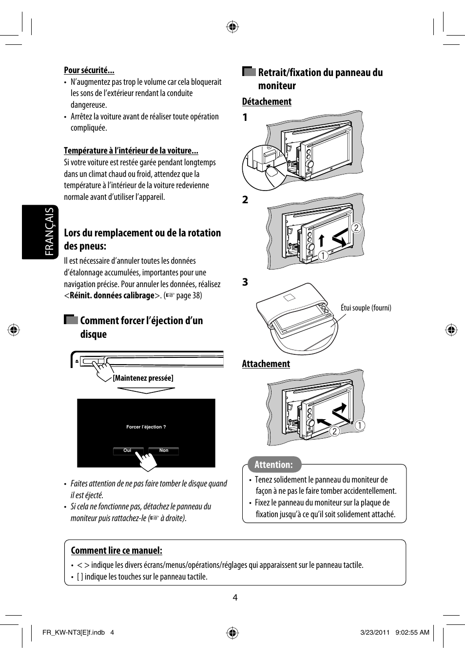 Français, Comment forcer l’éjection d’un disque, Retrait/fixation du panneau du moniteur | Lors du remplacement ou de la rotation des pneus | JVC KW-NT30 User Manual | Page 184 / 274
