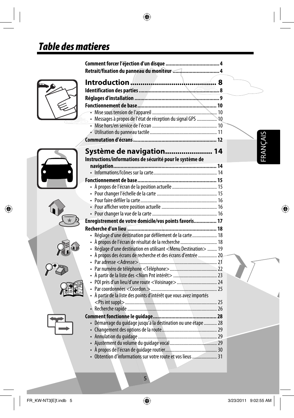 Table des matieres, Introduction, Système de navigation | Français | JVC KW-NT30 User Manual | Page 185 / 274