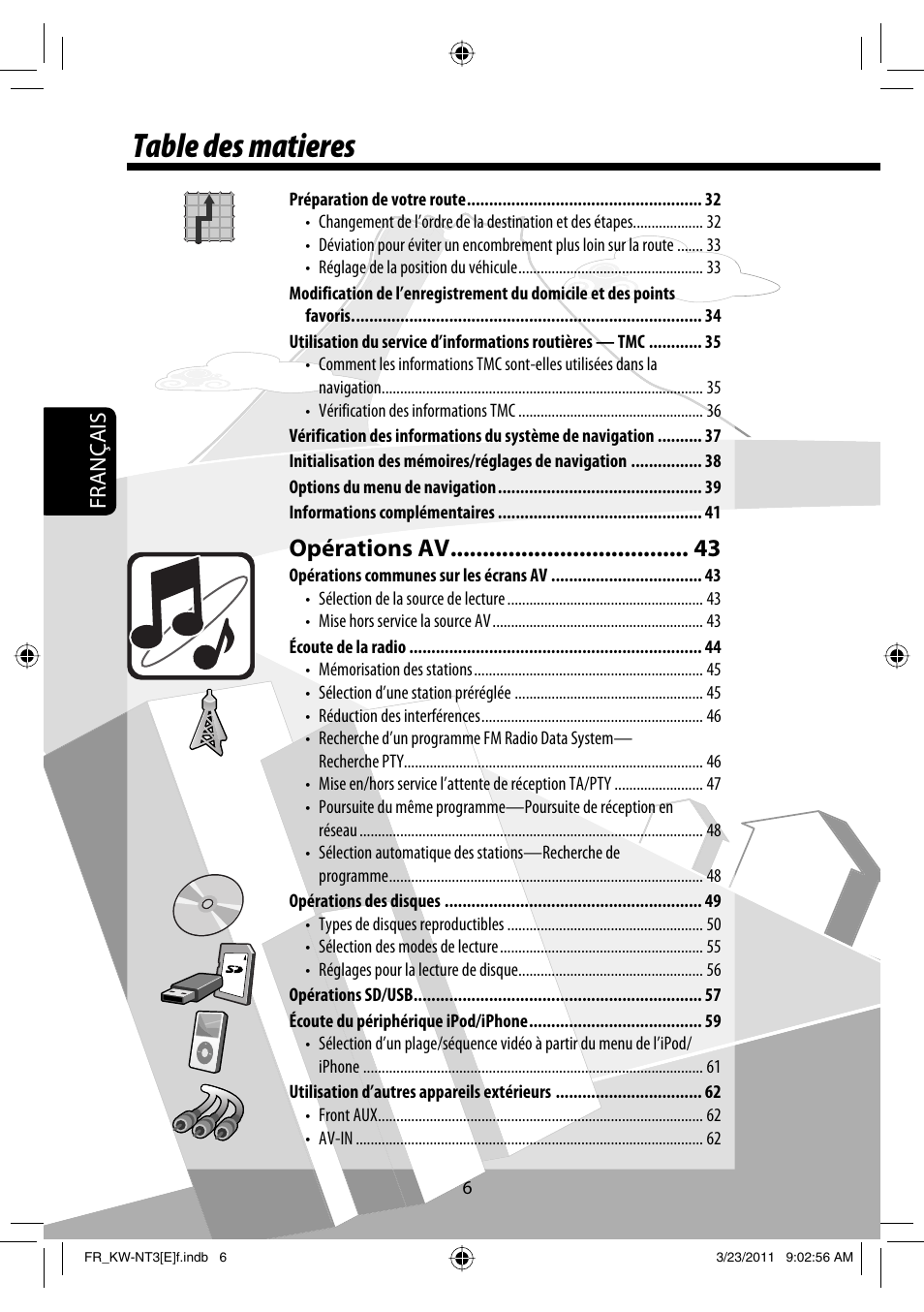 Table des matieres, Opérations av, Français | JVC KW-NT30 User Manual | Page 186 / 274