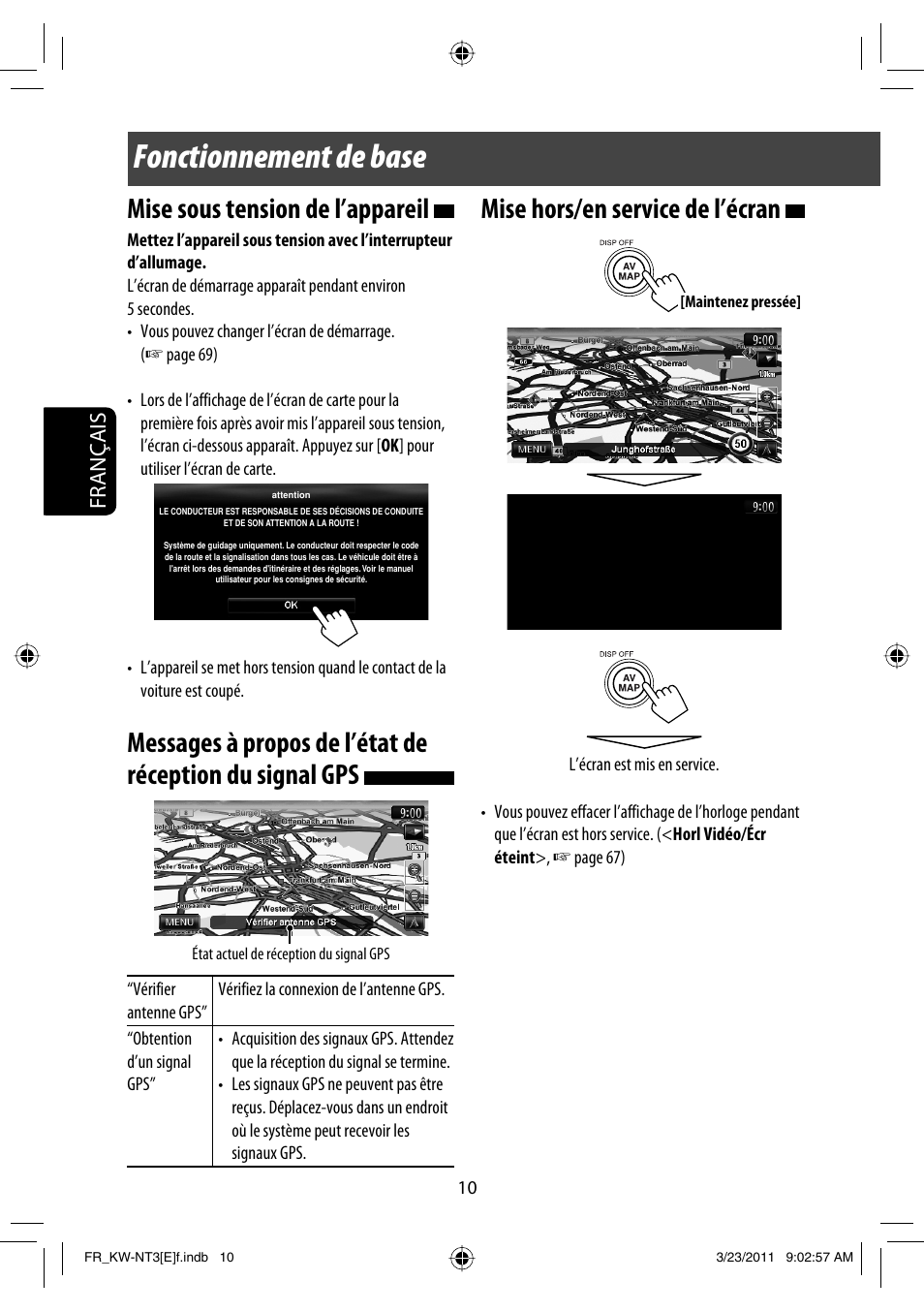 Fonctionnement de base, Mise sous tension de l’appareil, Mise hors/en service de l’écran | Français | JVC KW-NT30 User Manual | Page 190 / 274