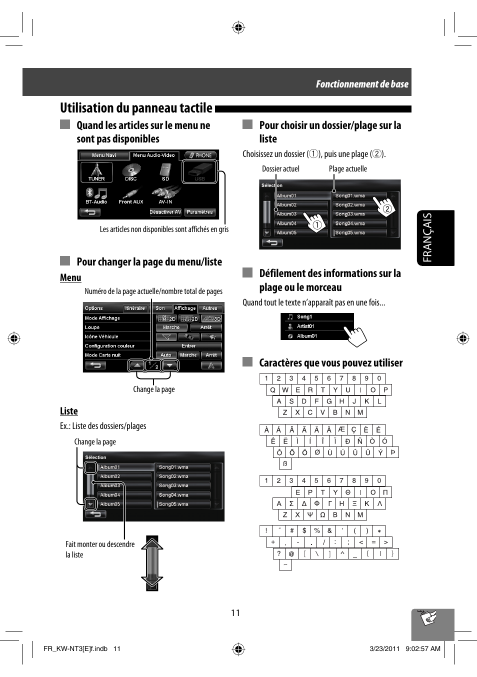 Utilisation du panneau tactile, Français, Pour choisir un dossier/plage sur la liste | Caractères que vous pouvez utiliser | JVC KW-NT30 User Manual | Page 191 / 274