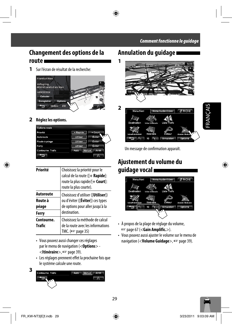 Changement des options de la route, Annulation du guidage, Ajustement du volume du guidage vocal | Français | JVC KW-NT30 User Manual | Page 209 / 274