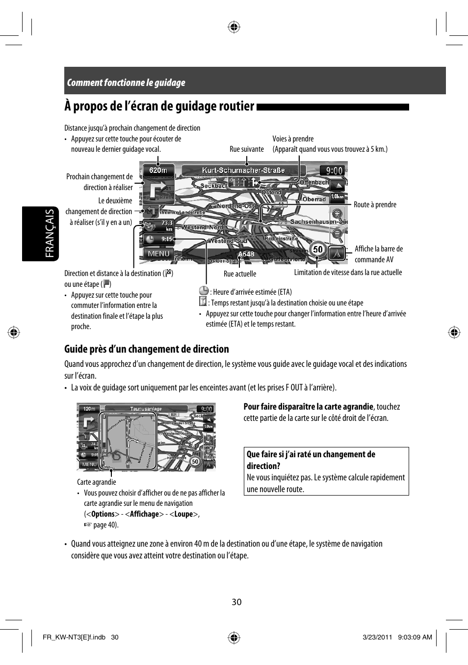 À propos de l’écran de guidage routier, Français, Guide près d’un changement de direction | JVC KW-NT30 User Manual | Page 210 / 274