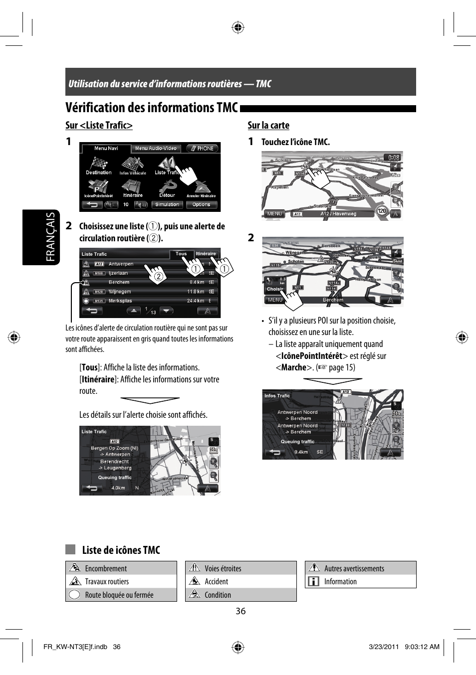 Vérification des informations tmc, Français, Liste de icônes tmc | Sur <liste trafic | JVC KW-NT30 User Manual | Page 216 / 274