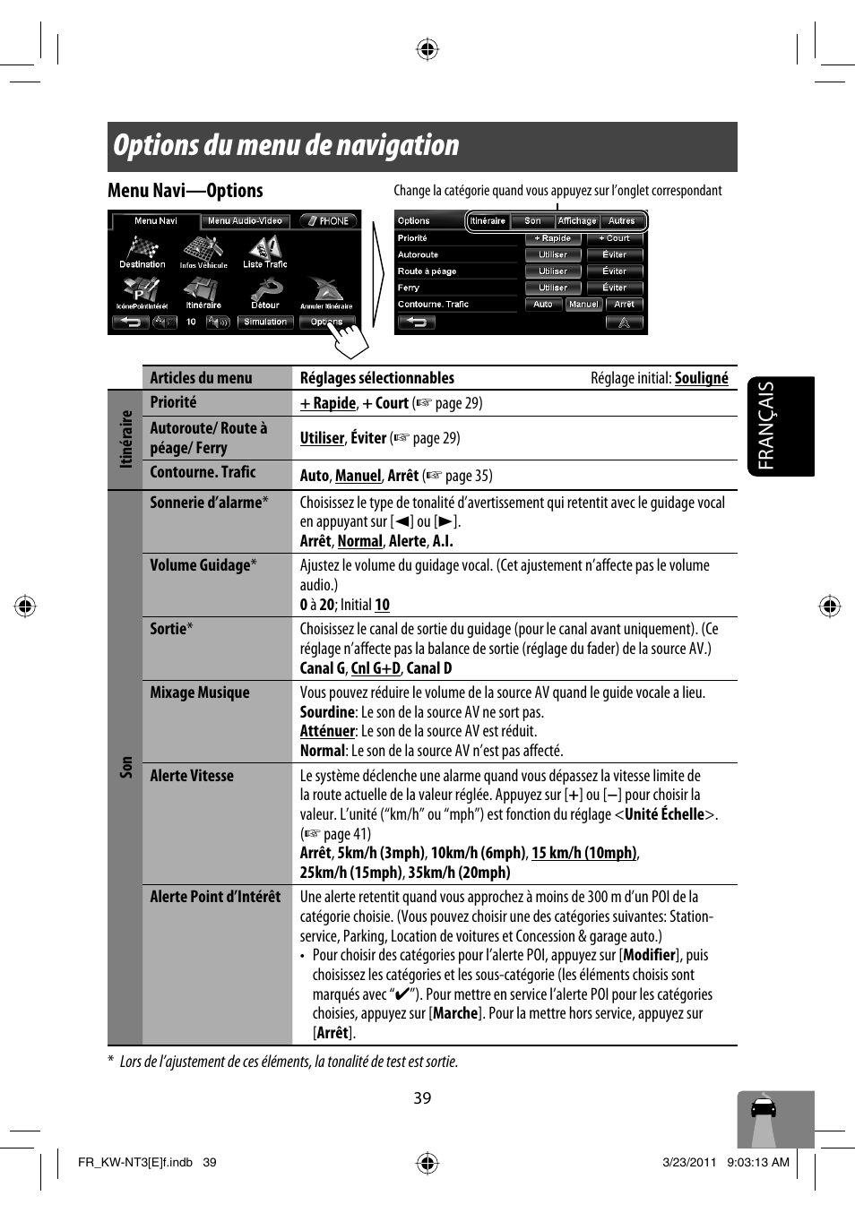 Options du menu de navigation, Français menu navi —options | JVC KW-NT30 User Manual | Page 219 / 274