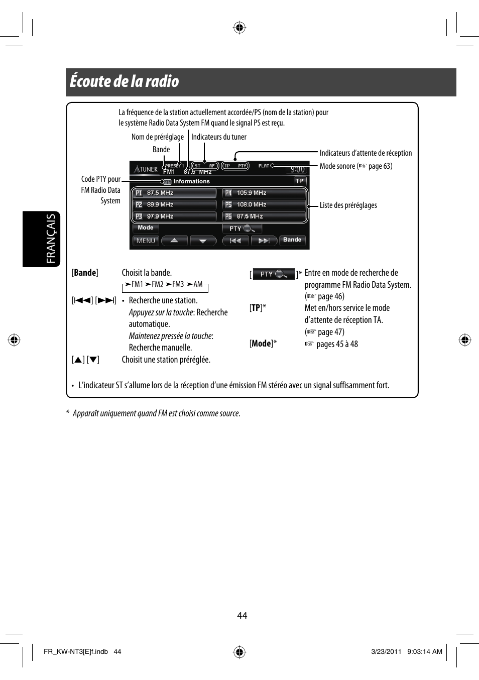 Écoute de la radio, Français | JVC KW-NT30 User Manual | Page 224 / 274