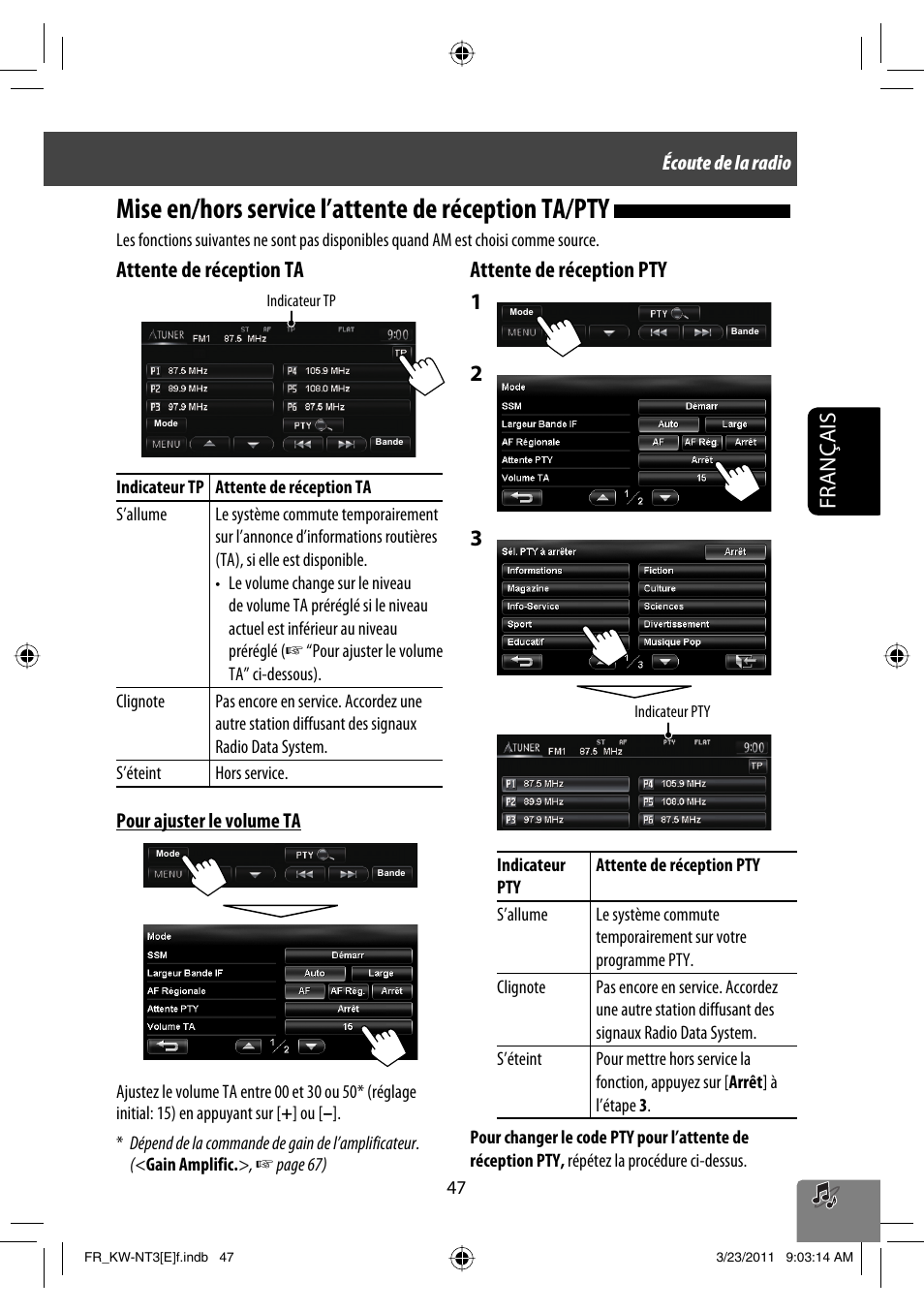 Mise en/hors service l’attente de réception ta/pty, Français, Attente de réception ta | Attente de réception pty 1 | JVC KW-NT30 User Manual | Page 227 / 274