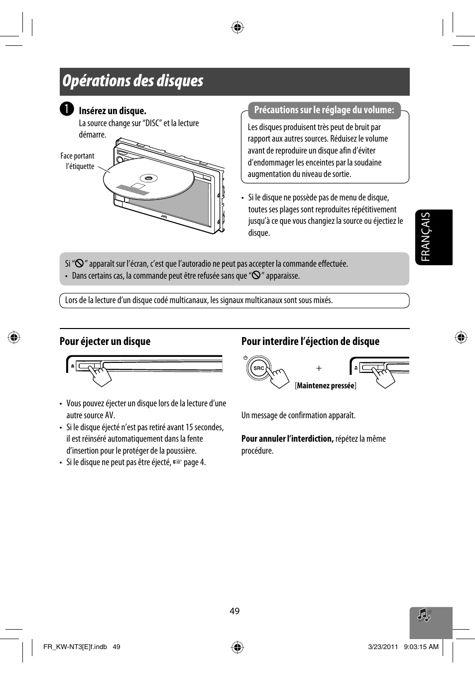 Opérations des disques, Français, Pour éjecter un disque | Pour interdire l’éjection de disque | JVC KW-NT30 User Manual | Page 229 / 274