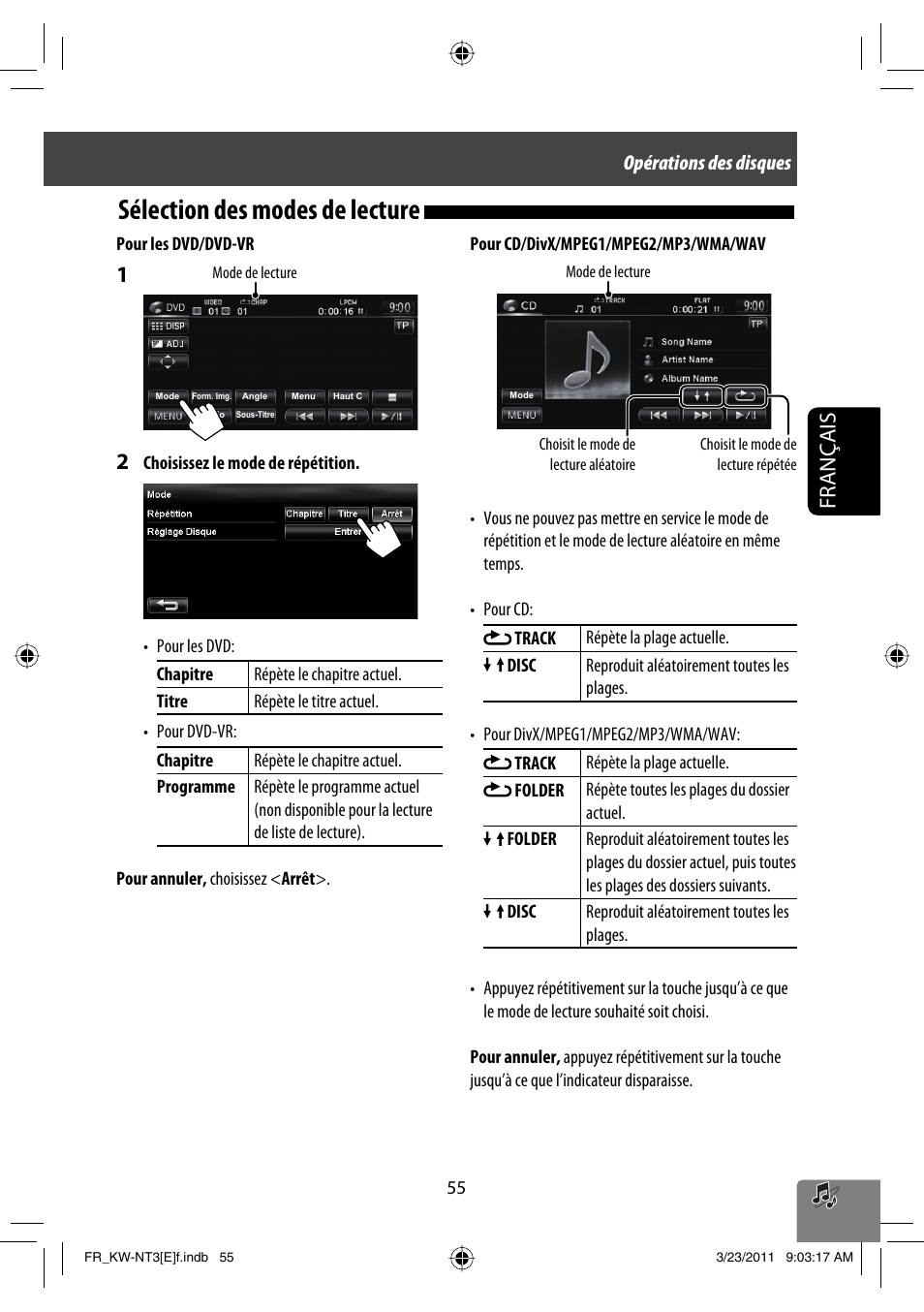 Sélection des modes de lecture, Français, Opérations des disques | JVC KW-NT30 User Manual | Page 235 / 274