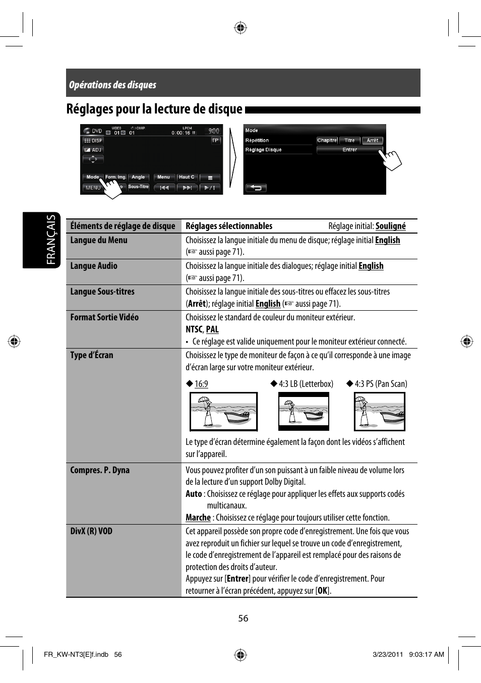 Réglages pour la lecture de disque, Français, Opérations des disques | JVC KW-NT30 User Manual | Page 236 / 274