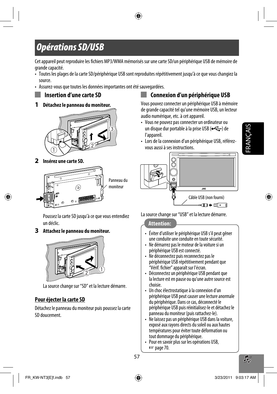 Opérations sd/usb, Français, Insertion d’une carte sd 1 | Connexion d’un périphérique usb | JVC KW-NT30 User Manual | Page 237 / 274