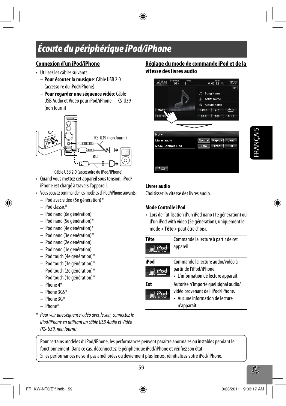 Écoute du périphérique ipod/iphone, Français | JVC KW-NT30 User Manual | Page 239 / 274