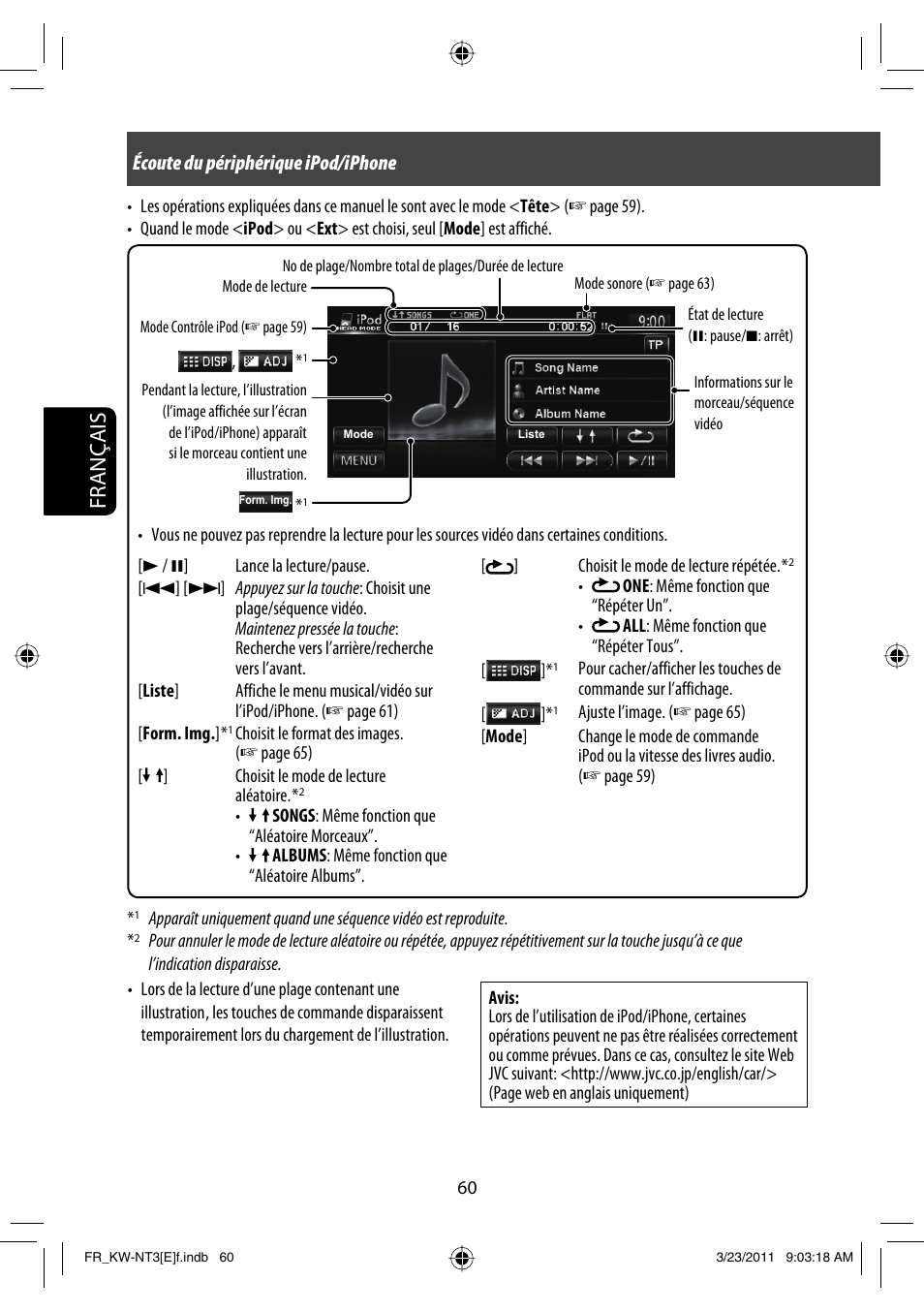 Français, Écoute du périphérique ipod/iphone | JVC KW-NT30 User Manual | Page 240 / 274