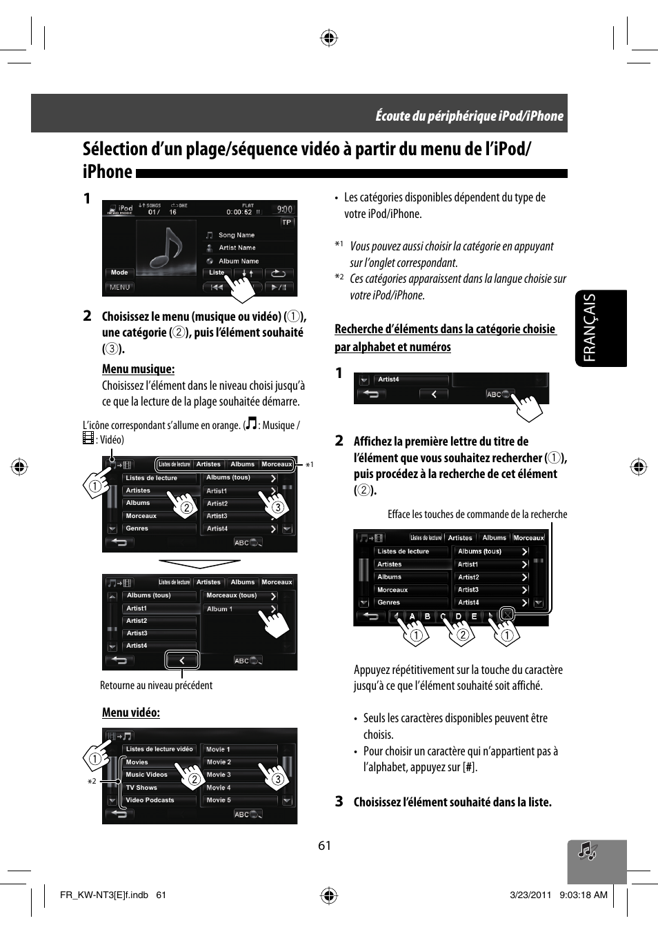 Français 1, Écoute du périphérique ipod/iphone, Choisissez l’élément souhaité dans la liste | JVC KW-NT30 User Manual | Page 241 / 274