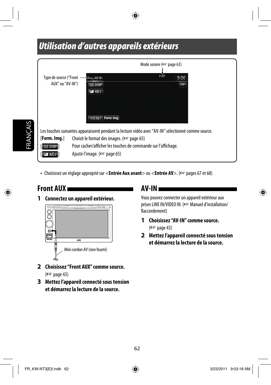 Utilisation d’autres appareils extérieurs, Front aux, Av-in | JVC KW-NT30 User Manual | Page 242 / 274