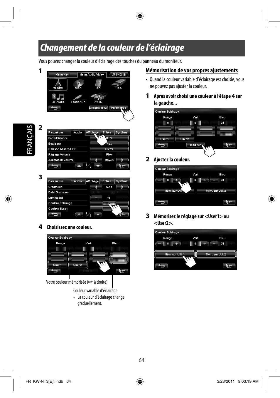 Changement de la couleur de l’éclairage | JVC KW-NT30 User Manual | Page 244 / 274