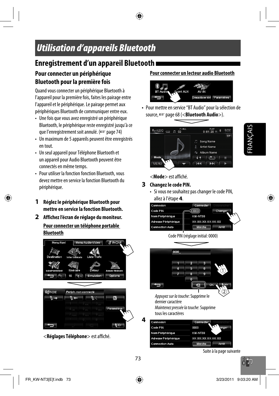 Utilisation d’appareils bluetooth, Enregistrement d’un appareil bluetooth, Français | JVC KW-NT30 User Manual | Page 253 / 274