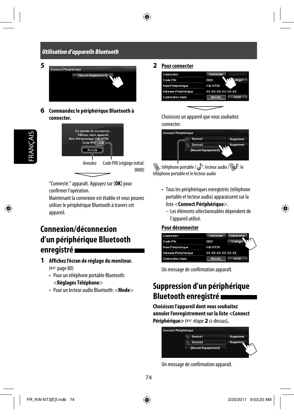 Suppression d’un périphérique bluetooth enregistré, Français, Utilisation d’appareils bluetooth | JVC KW-NT30 User Manual | Page 254 / 274