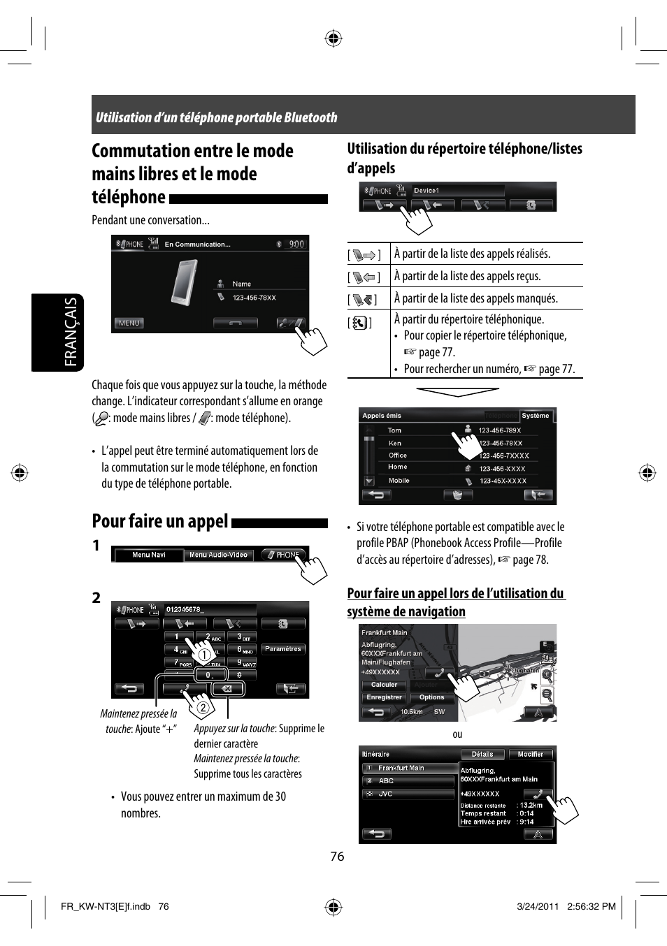 Pour faire un appel, Français | JVC KW-NT30 User Manual | Page 256 / 274