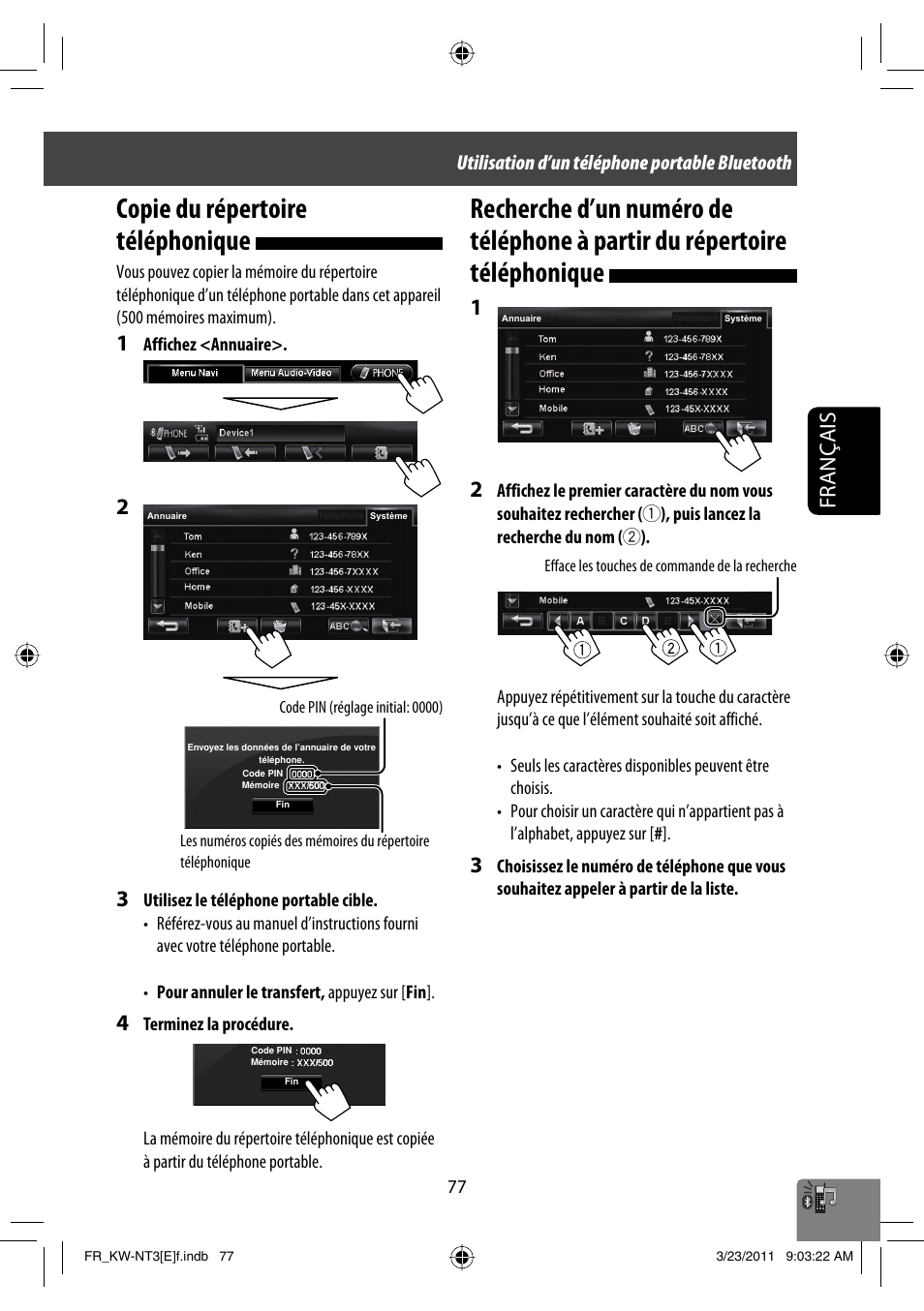 Copie du répertoire téléphonique, Français, Utilisation d’un téléphone portable bluetooth | JVC KW-NT30 User Manual | Page 257 / 274