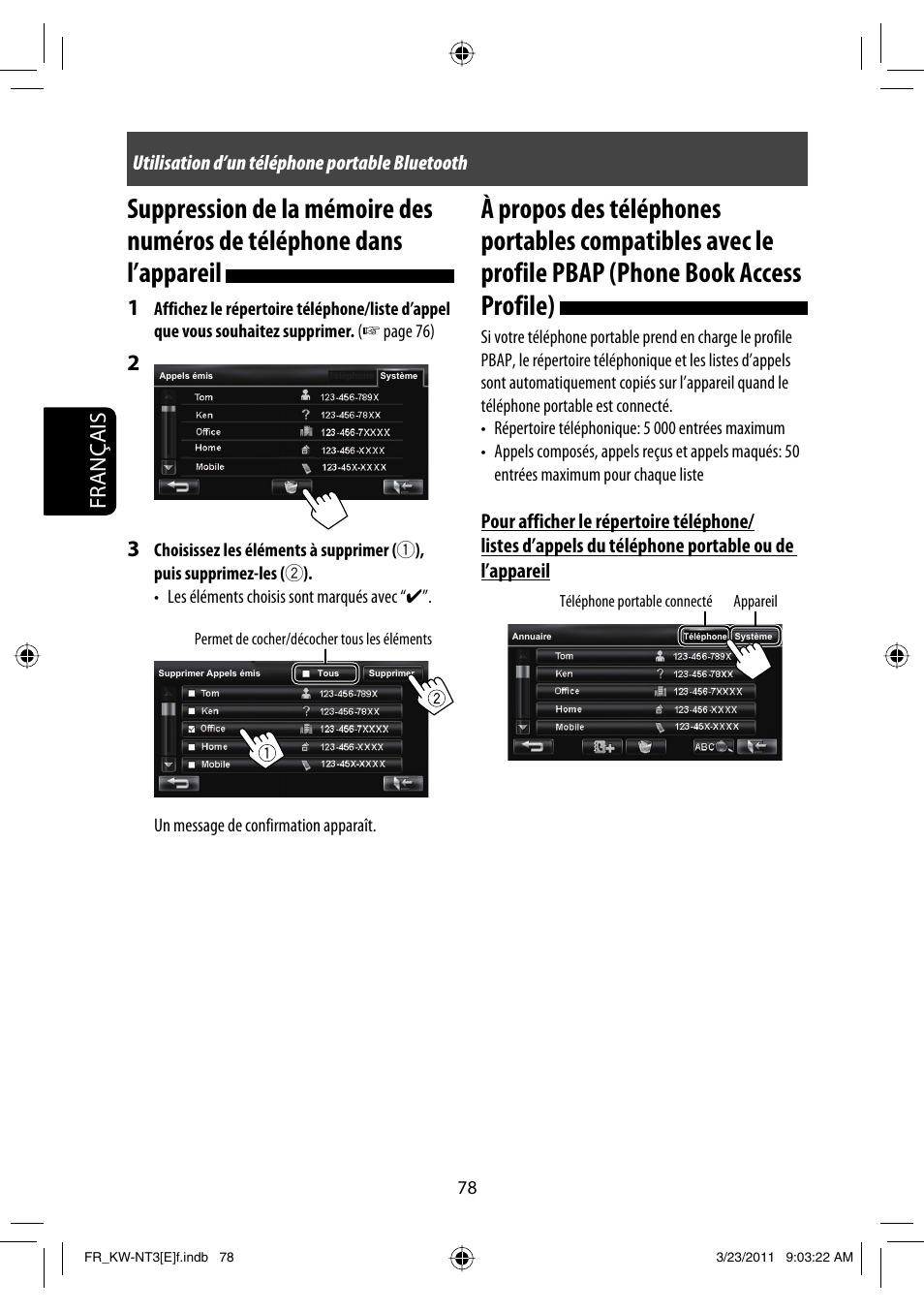 Français, Utilisation d’un téléphone portable bluetooth | JVC KW-NT30 User Manual | Page 258 / 274