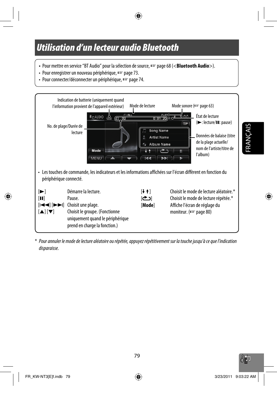 Utilisation d’un lecteur audio bluetooth, Français | JVC KW-NT30 User Manual | Page 259 / 274