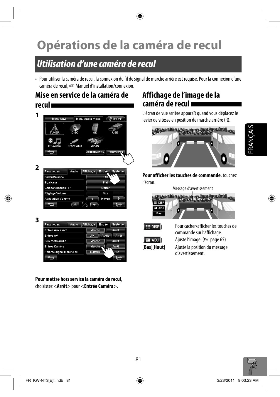 Opérations de la caméra de recul, Utilisation d’une caméra de recul, Mise en service de la caméra de recul | Affichage de l’image de la caméra de recul, Français | JVC KW-NT30 User Manual | Page 261 / 274