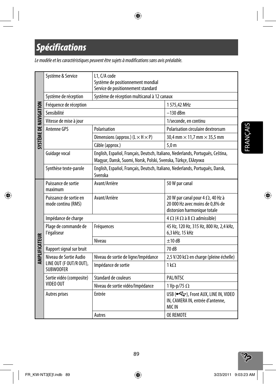 Spécifications, Français | JVC KW-NT30 User Manual | Page 269 / 274