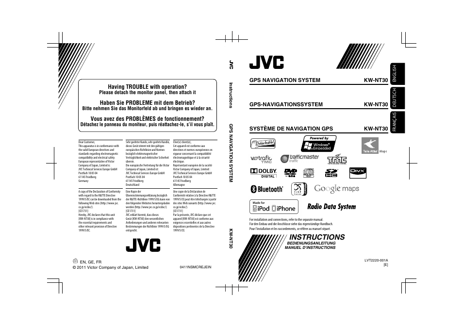 Instructions, Having trouble with operation, Haben sie probleme mit dem betrieb | Vous avez des problèmes de fonctionnement, Kw-nt30, Kw-nt30 système de navigation gps | JVC KW-NT30 User Manual | Page 274 / 274