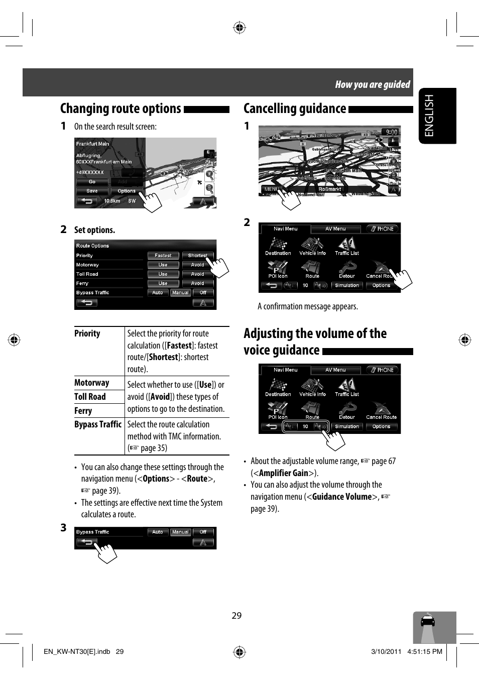 Changing route options, Cancelling guidance, Adjusting the volume of the voice guidance | JVC KW-NT30 User Manual | Page 29 / 274