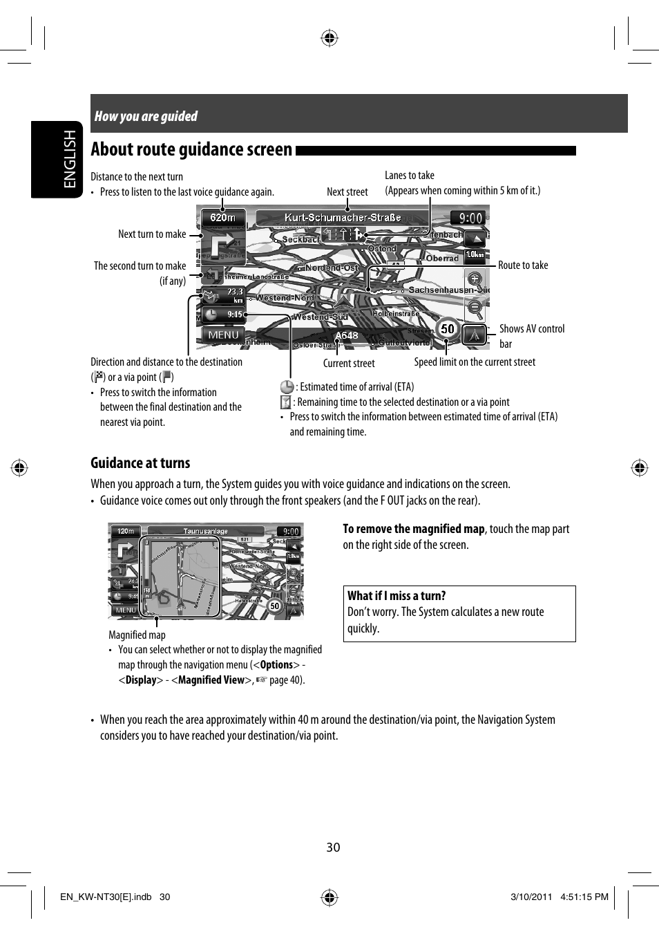 About route guidance screen, English, Guidance at turns | JVC KW-NT30 User Manual | Page 30 / 274