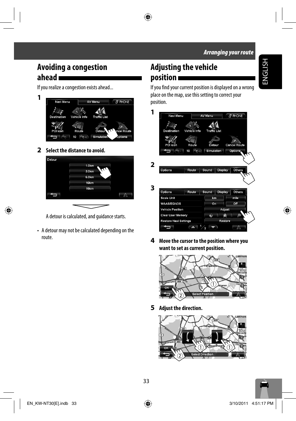 Avoiding a congestion ahead, Adjusting the vehicle position | JVC KW-NT30 User Manual | Page 33 / 274