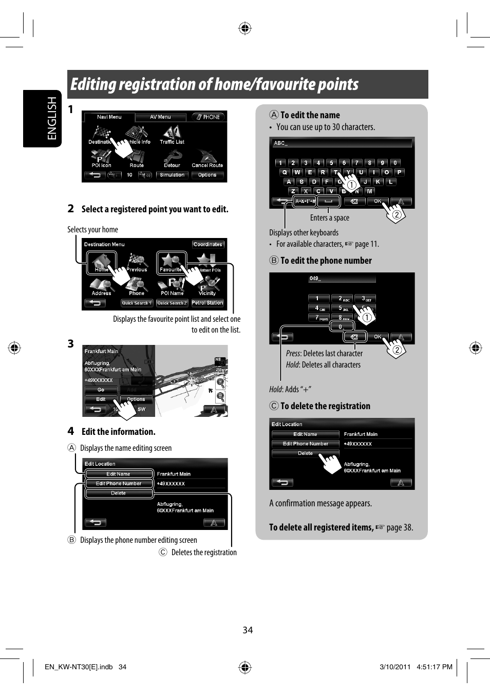 Editing registration of home/favourite points, English | JVC KW-NT30 User Manual | Page 34 / 274