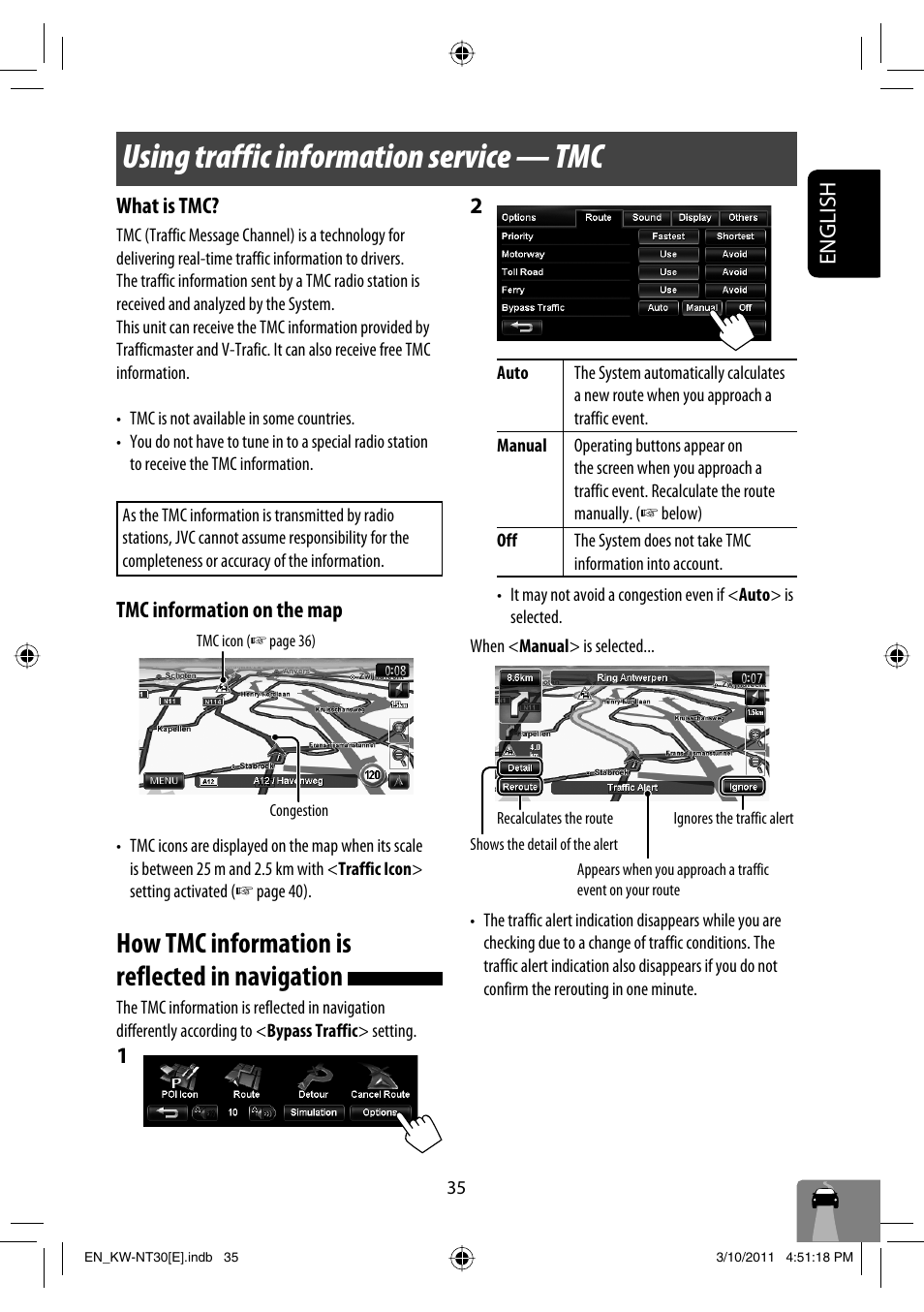 Using traffic information service — tmc, How tmc information is reflected in navigation, English what is tmc | Tmc information on the map | JVC KW-NT30 User Manual | Page 35 / 274