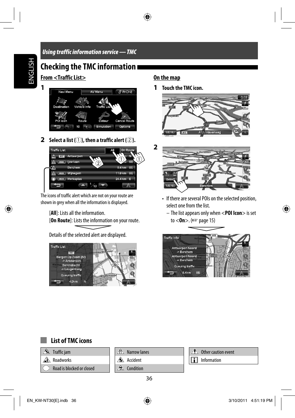 Checking the tmc information, English, List of tmc icons | JVC KW-NT30 User Manual | Page 36 / 274