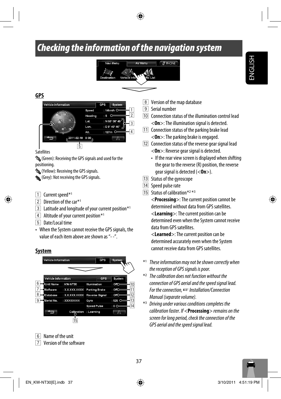 Checking the information of the navigation system, English, System | JVC KW-NT30 User Manual | Page 37 / 274