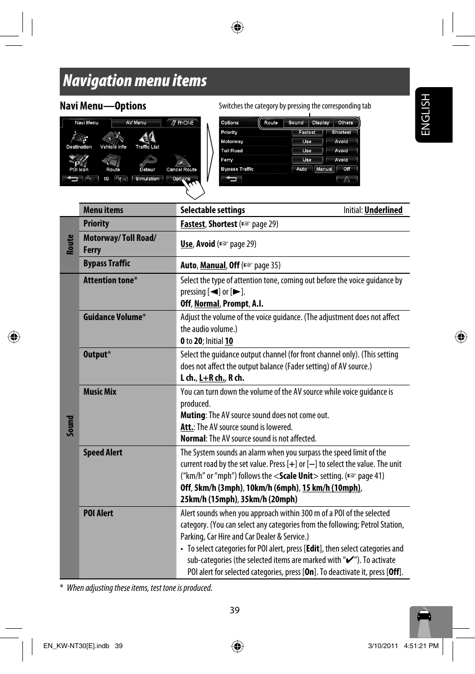 Navigation menu items, English navi menu —options | JVC KW-NT30 User Manual | Page 39 / 274