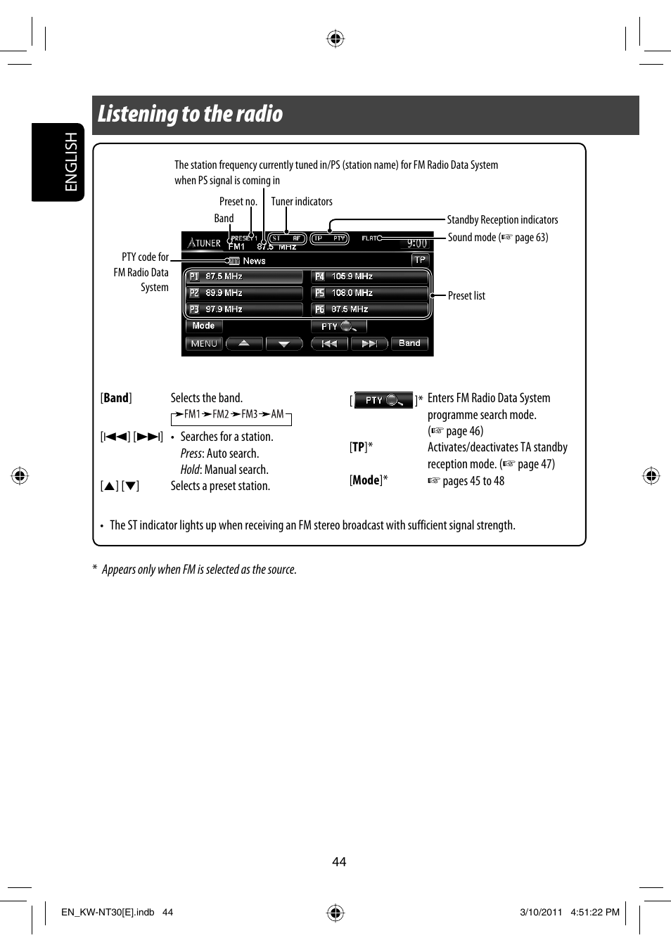 Listening to the radio, English | JVC KW-NT30 User Manual | Page 44 / 274