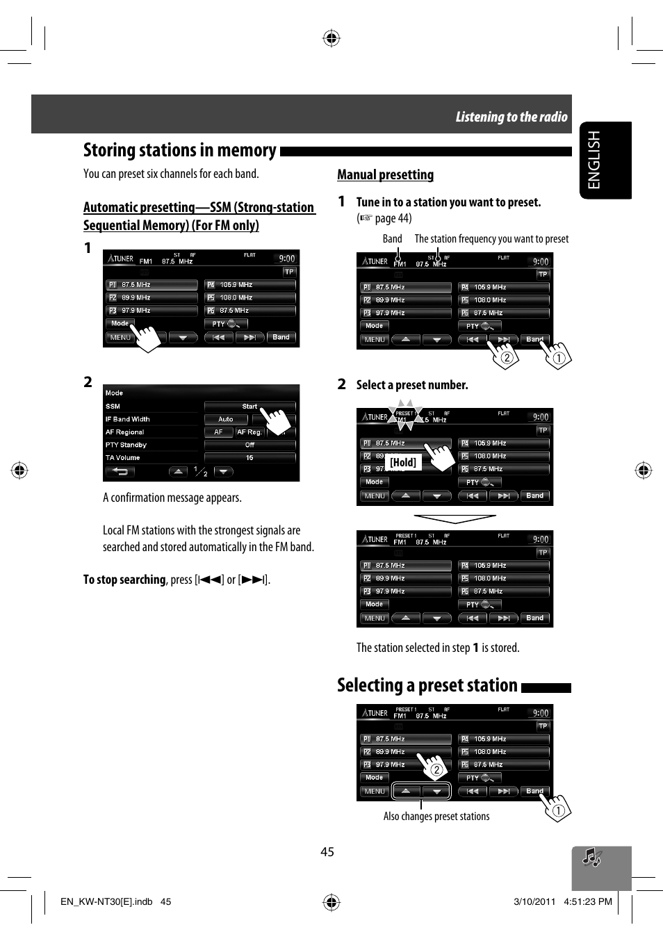 Storing stations in memory, Selecting a preset station, English | JVC KW-NT30 User Manual | Page 45 / 274